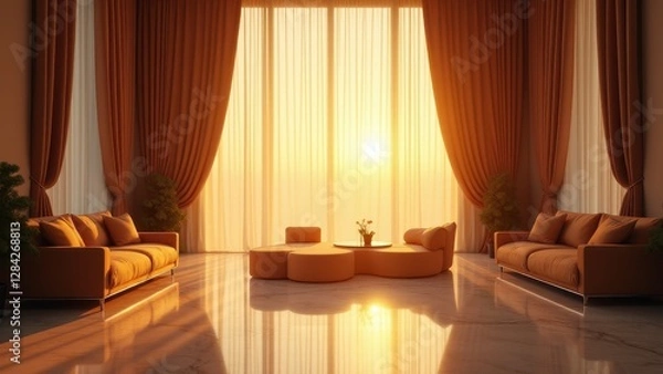 Fototapeta Blowing sheer curtains, Sheer curtains sway under golden sunset light in a luxurious living room bird's-eye view 8K UHD.