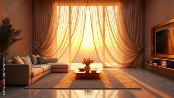 Fototapeta Blowing sheer curtains, Sheer curtains sway under golden sunset light in a luxurious living room bird's-eye view 8K UHD.