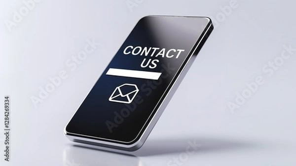 Fototapeta With a 3D elegant mobile phone screen, the "CONTACT US" words and phone icon are displayed beside a metal silver mail icon on a white background, Generative AI.