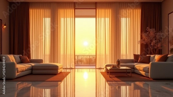Fototapeta Blowing sheer curtains, Sheer curtains sway under golden sunset light in a luxurious living room bird's-eye view 8K UHD.