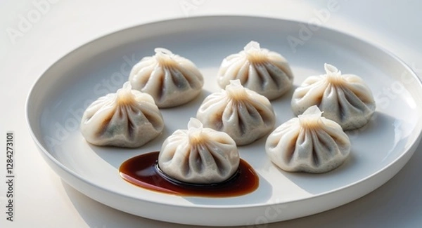 Fototapeta Delicious and appetizing steamed dumplings with soy sauce on white plate