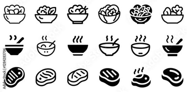 Fototapeta "Salad, Soup, and Steak Vector Icon Set – A Perfect Trio of Appetizer, Main Course, and Comfort Food"