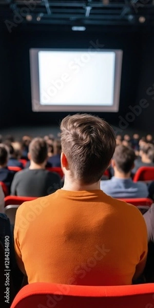 Fototapeta A man in an orange shirt sits in a red chair in a theater. The man is looking at a large screen in front of him. The theater is full of people, and the man is the only one in the orange shirt