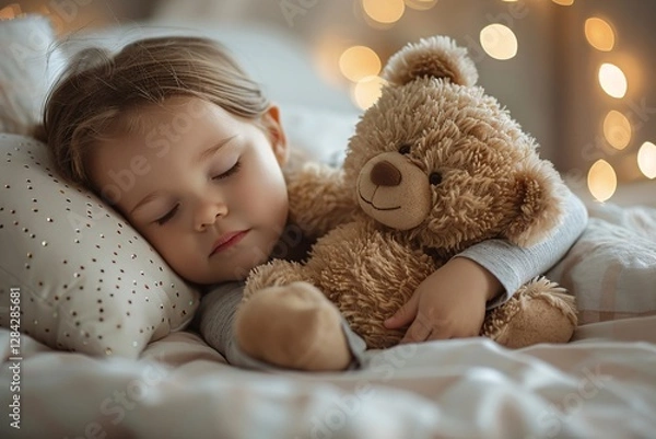 Fototapeta A young girl is sound asleep in her bed, snugly holding a soft teddy bear. The cozy bedroom is softly illuminated by twinkling lights, creating a serene atmosphere