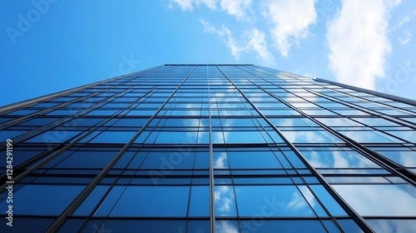 Fototapeta Stunning perspective of a skyscraper reaching towards a clear blue sky : Generative AI