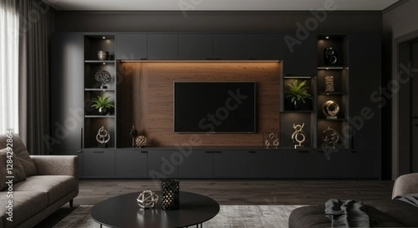 Fototapeta Modern Dark Wood Media Wall  