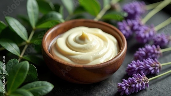 Fototapeta Shea butter cream, Bird's-eye view of shea butter cream in a luxurious spa setting with eucalyptus and lavender under twilight