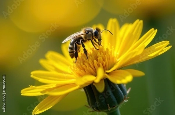 Fototapeta Close-up of a bee pollinating a vibrant yellow flower on a sunny day