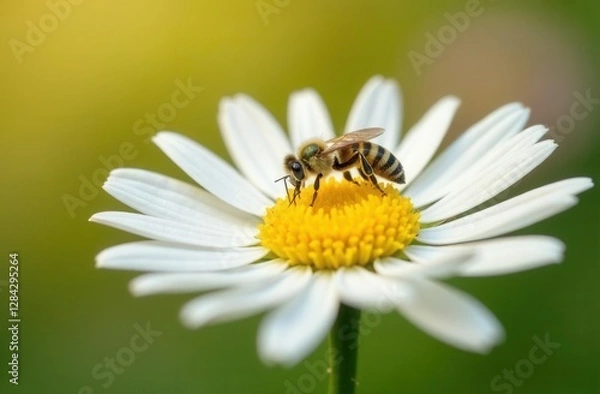 Fototapeta Honeybee pollinating daisy in vibrant nature scene with focus on delicate petals and bright yellow center