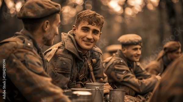 Obraz Group of smiling soldiers resting and eating in forest during war reenactment