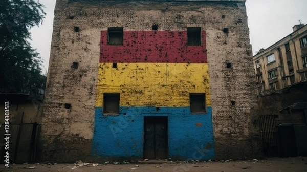 Fototapeta Old Brick Building with Red Yellow and Blue Panels in an Urban Environment