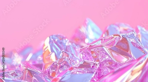 Fototapeta Iridescent crystals on pink background, abstract design