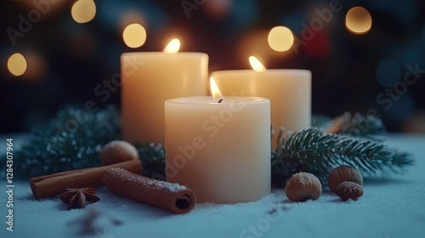 Fototapeta Christmas candles, glowing softly, on snowy surface, with holiday decorations in background