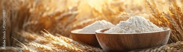 Fototapeta Freshly milled wheat flour in wooden bowls with stalks of golden wheat in background rustic and natural