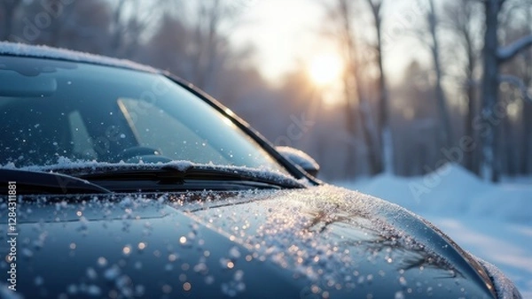Fototapeta Snow-covered windshield wipers, Close-up of snow-covered windshield wipers on a black car under soft morning sunlight front view serene winter scene.