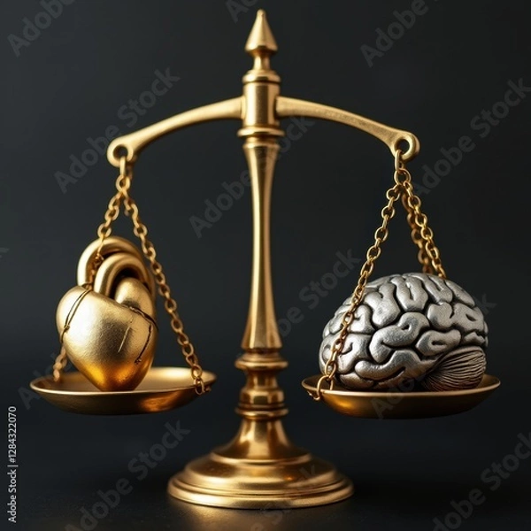Fototapeta Golden scales balancing a heart and brain, representing the moral conflict between emotion and logic, elegant and symbolic.