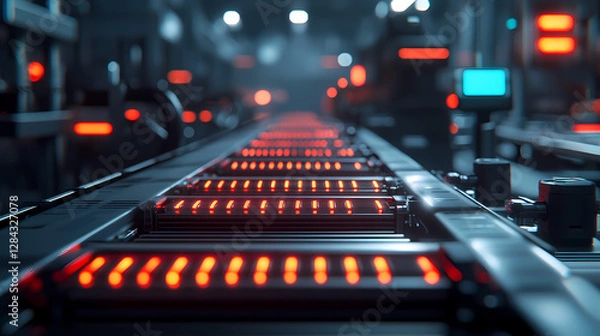 Fototapeta A high-tech conveyor belt system with glowing red lights, set in a modern industrial environment.