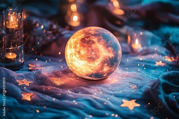 Fototapeta A minimalist table setting with a nebula-inspired tablecloth and a glowing orb centerpiece, surrounded by small star decorations