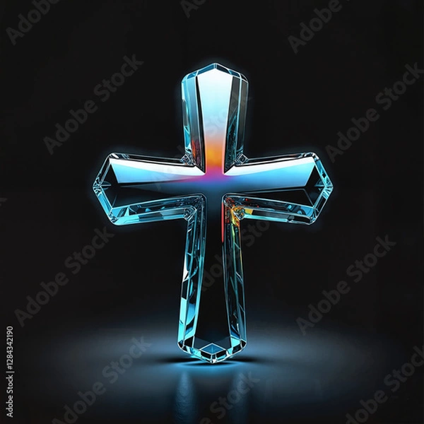 Obraz Crystal cross symbol in a glass finish on a dark background with light reflections