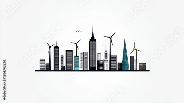Fototapeta Oneline minimalist drawing of a city skyline powered by clean energy sources