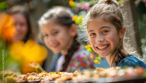 Fototapeta Family picnic celebration with delicious easter treats in a beautiful outdoor setting