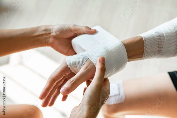 Obraz Sister wrapping her brother wrist and arm with bandage around injured hand at home. First aid, accident and injury treatment concept. Closeup