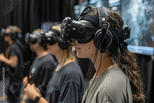 Fototapeta A group of young adults is experiencing virtual reality in a technology lab. Each person wears a VR headset, fully immersed in an interactive environment, showcasing innovation and collaboration