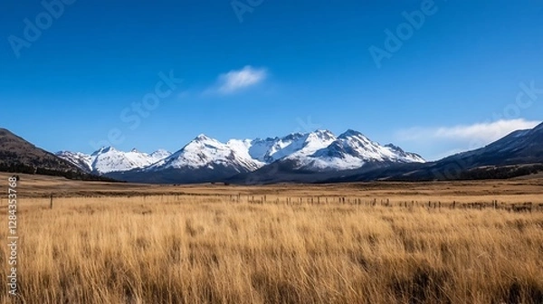 Fototapeta Majestic Mountain Range with Clear Blue Sky and Golden Field in the Foreground : Generative AI