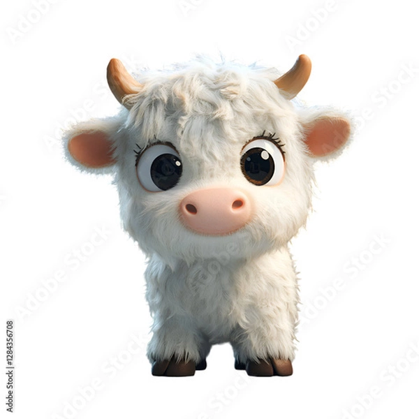 Fototapeta Fluffy 3D Cartoon Stuffed Cow with Big Eyes Isolated on Transparent Background