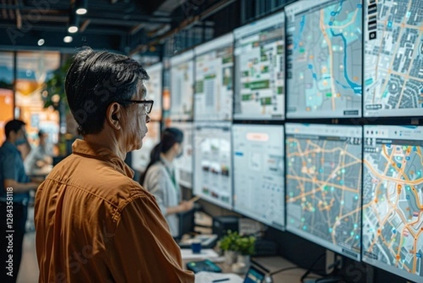 Fototapeta A professional in an orange shirt observes various digital displays in a modern control room. Multiple screens show maps and data, while colleagues interact nearby, focusing on their tasks