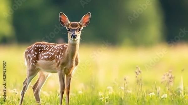Fototapeta Charming Young Fawn Standing Gracefully in a Sunny Meadow Surrounded by Flowering Grass : Generative AI