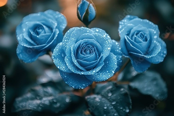 Obraz A trio of blue roses adorned with glistening water droplets against a muted backdrop Floral elegance in a unique hue