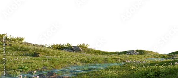 Fototapeta Scenic meadow stream with wildflowers. 3D rendering.	
