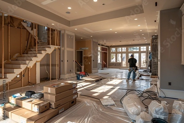 Fototapeta Workers are busy renovating a spacious living area with large windows, while tools and materials are organized around the site. Plastic sheeting covers the floor to protect it during the remodel
