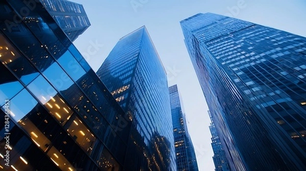 Fototapeta Tall modern skyscrapers reflecting blue sky and city lights at dusk in an urban environment : Generative AI