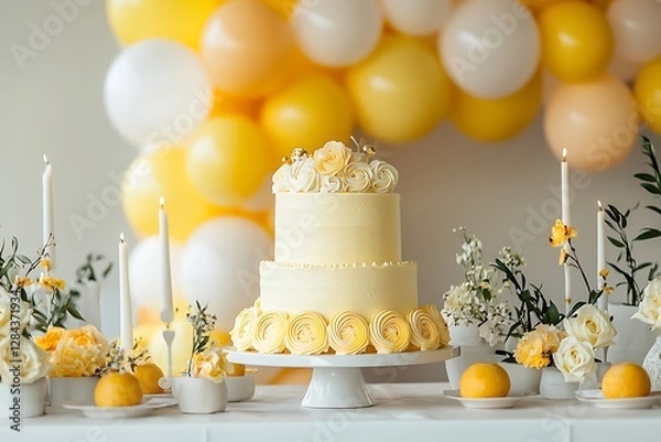 Fototapeta A monochrome-themed birthday with a pastel yellow cake and matching decor on a clean, modern table
