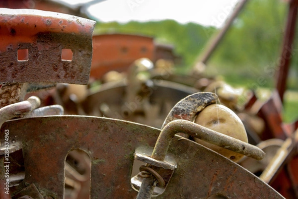 Obraz Mechanical device for planting potato tubers, close-up. Potato layer is a technical means used in mechanized planting of potatoes. Close-up of engineering thought. Potato-layer is a little rusty.