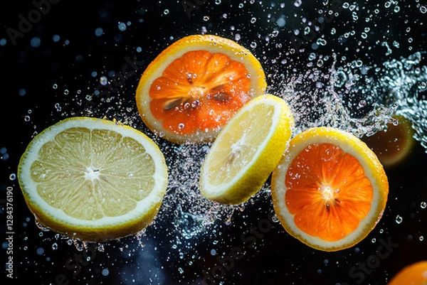 Fototapeta Orange and lemon slices in flight with bright water drops