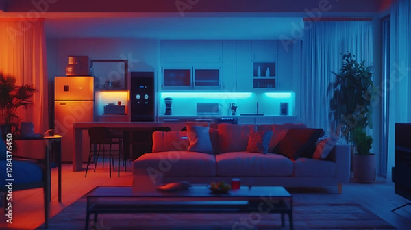 Fototapeta A realistic animation of a hyper-connected smart home where voice-controlled AI manages lighting, temperature, and security in real-time 