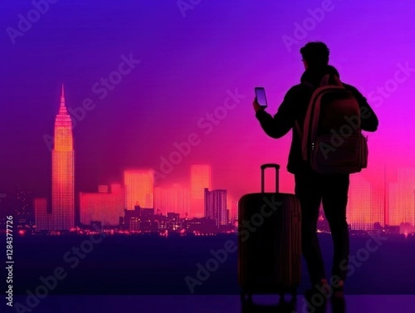 Fototapeta Silhouette of a Man with Backpack and Luggage Using Smartphone Against Colorful Cityscape at Night