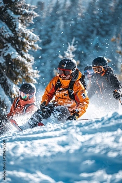 Fototapeta A group of four skiers descends a snowy slope under bright sunlight, surrounded by tall evergreen trees. The vibrant colors of their gear contrast beautifully with the winter landscape