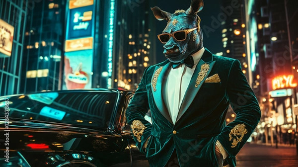 Fototapeta A rhinoceros wearing a luxurious velvet tuxedo and sunglasses, standing confidently in front of a limousine in an urban nightlife setting, showcasing a stylish and extravagant lifestyle.