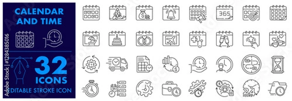 Fototapeta Calendar and Time Icons Organizer, Event, Planner, Meeting, Agenda and Save the date more Editable Stroke Icons set