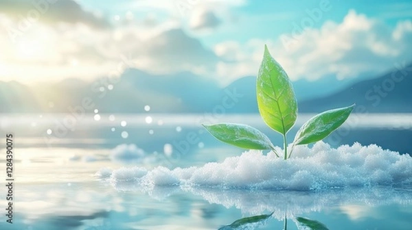 Fototapeta Small plant thriving on melting ice symbolizes hope in the face of climate change