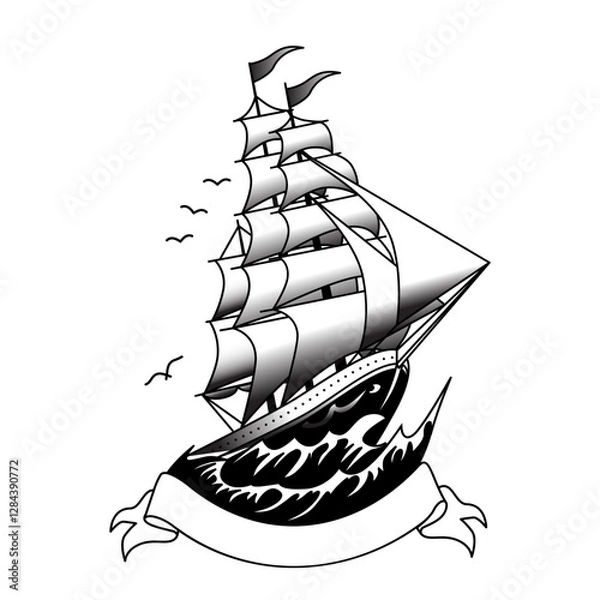Fototapeta Vintage Black and White Nautical Tattoo Style Illustration of a Sailing Ship with Billowing Sails, Ocean Waves, Flying Seagulls, and a Blank Banner for Custom Text, Inspired by Traditional Maritime