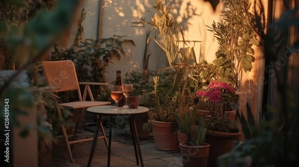 Fototapeta Moderate drinking on a charming patio with potted plants. Featuring nature and tranquility