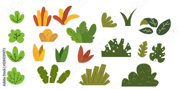Fototapeta Colorful poppy, happy Cartoon bushes set,Small shrubs,Cute small plants, Design element for forest theme,Hand Drawn design set,Leaf and flower combination type set.