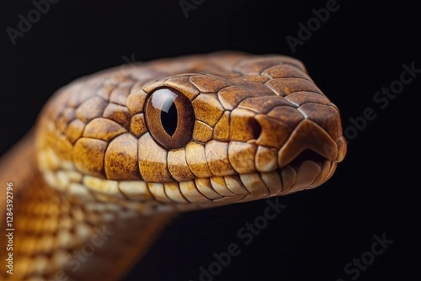 Fototapeta Beautiful yellow snake with big eyes on black background. Studio shot.