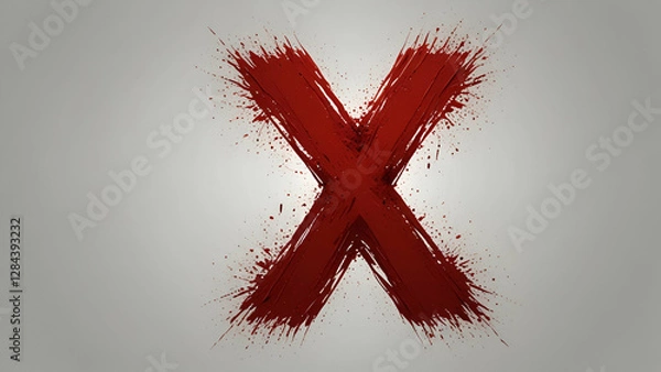 Obraz Red Painted X Symbol with Splatter Effect on Minimalist Background.

