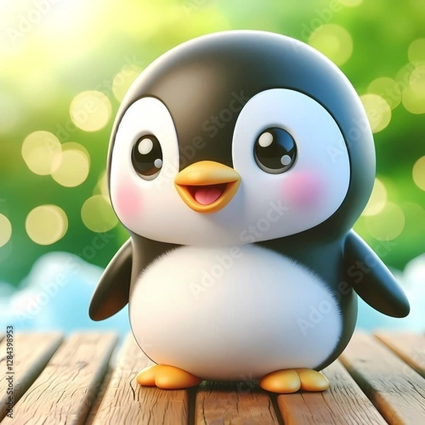 Fototapeta Adorable cartoon penguin character with a cheerful expression and vibrant colors against a blurred background.